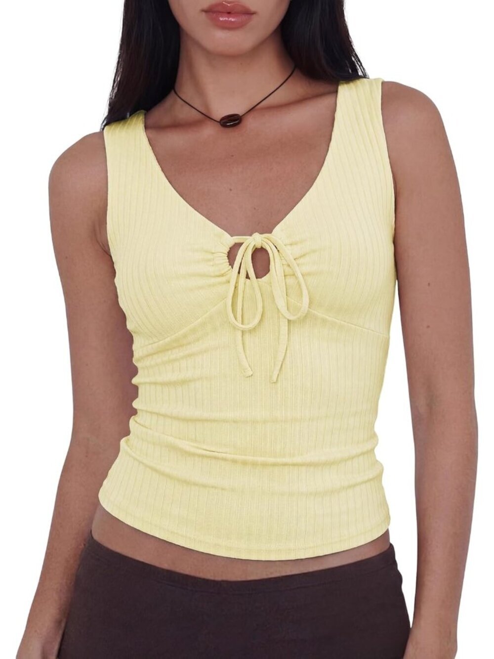 Women Yellow Polyester Deep V Neck Stretchy Trendy Going Out Sleeveless Crop Top